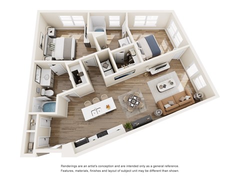 A top-down view of a modern apartment layout with a kitchen, living room, and bedrooms.